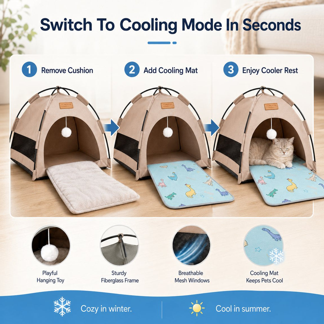 Pet tent bed switches from cushion to cooling mat in seconds.
