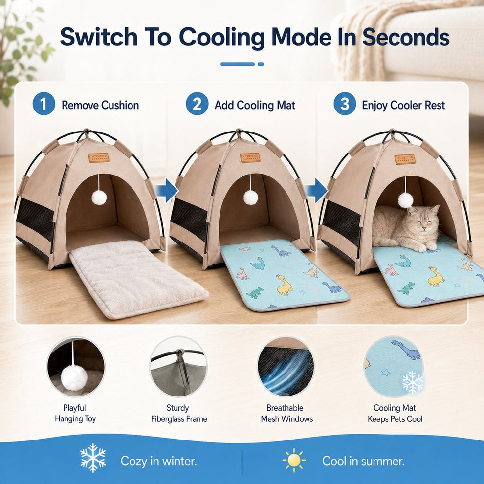 Pet tent bed switches from cushion to cooling mat in seconds.