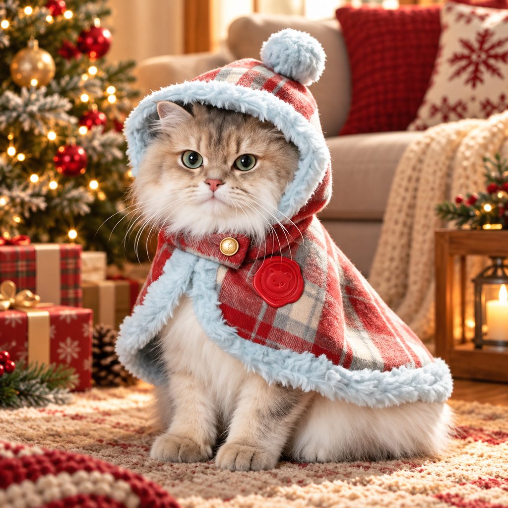 red plaid hooded Christmas pet cape for cats and small dogs