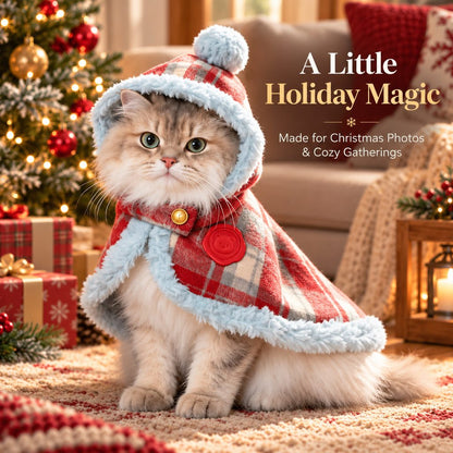 cat wearing a red plaid Christmas cape for holiday photos