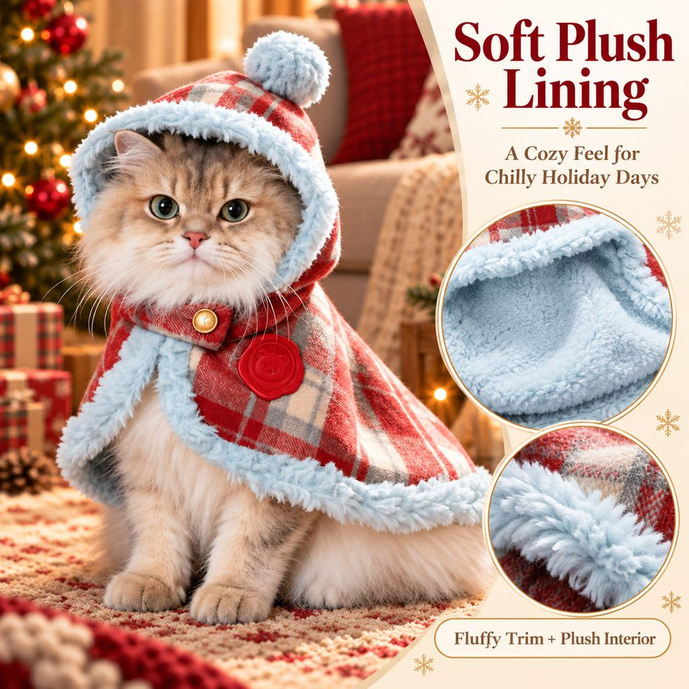 soft plush lining on a red plaid Christmas pet cape