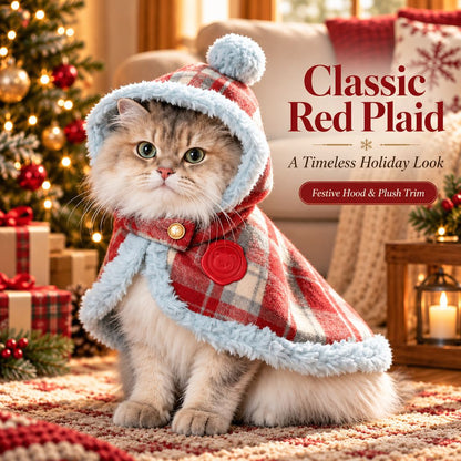 classic red plaid pet cape with festive hood and plush trim