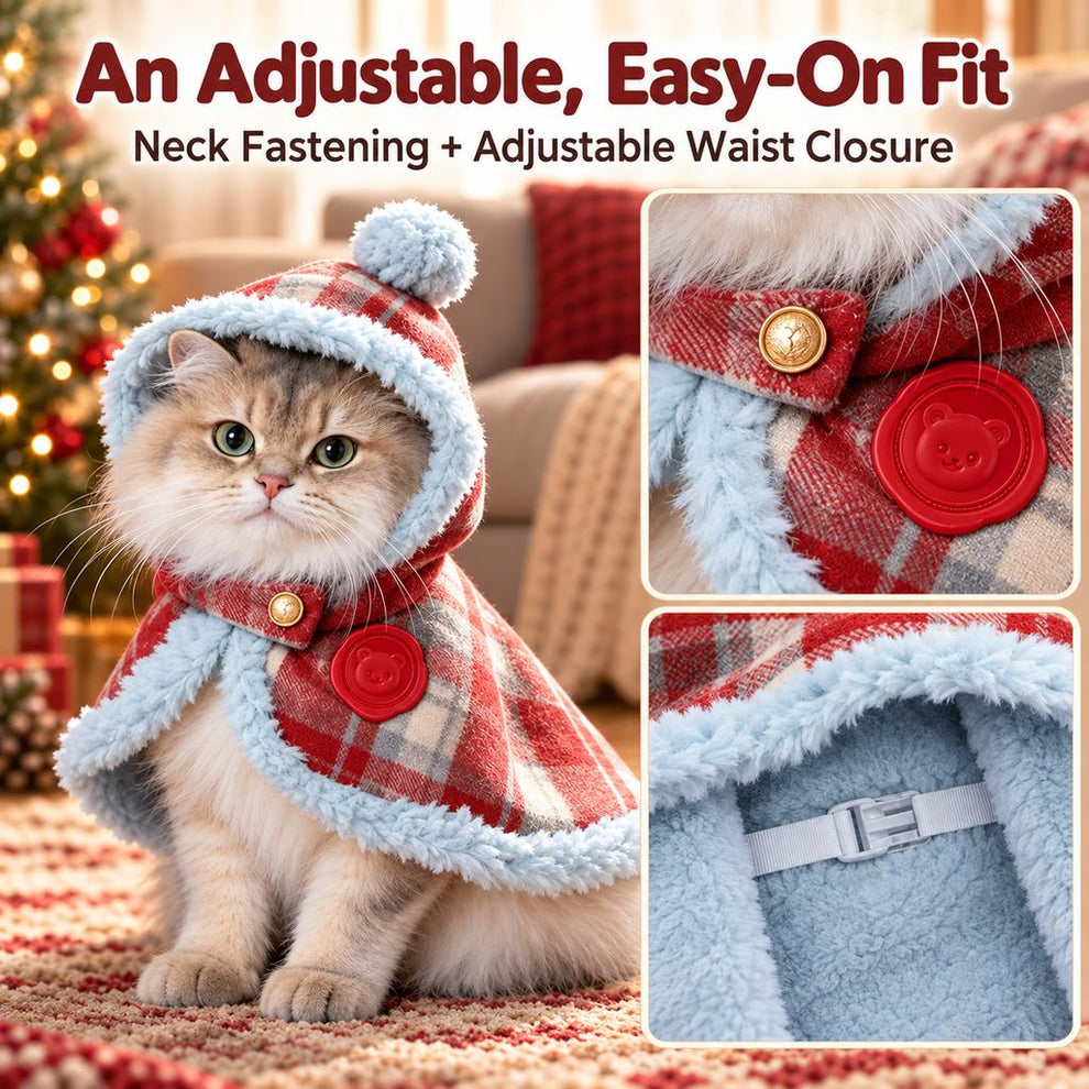 adjustable neck and waist closures on a red plaid pet cape