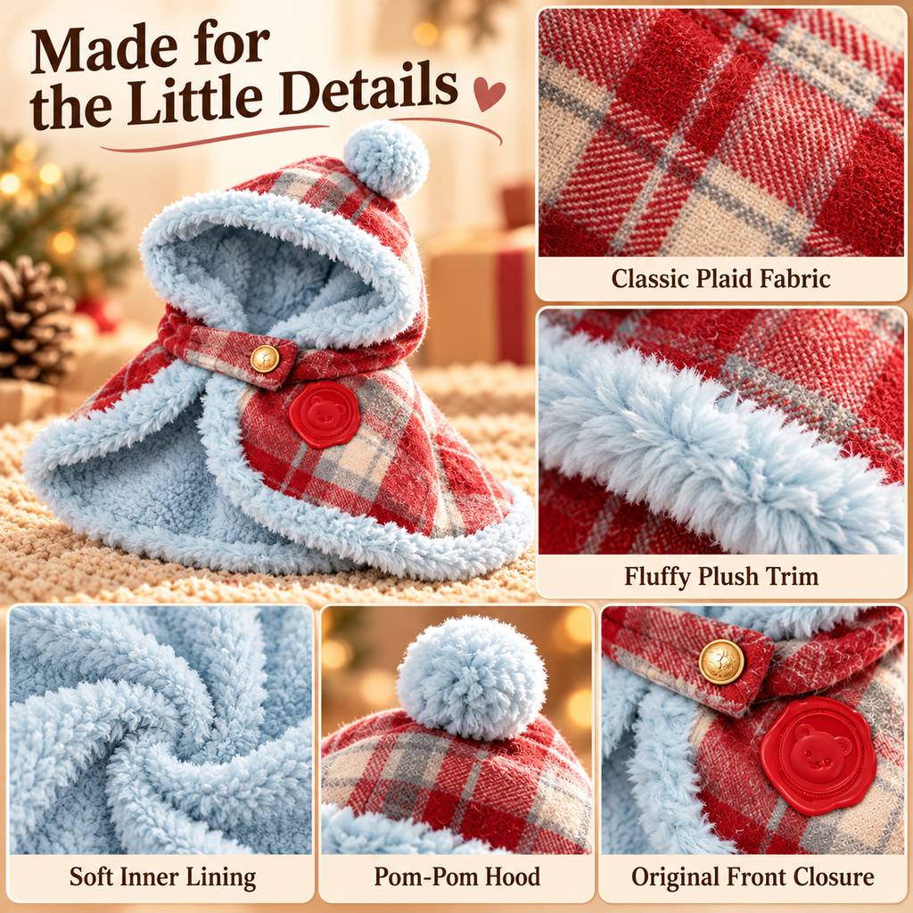 red plaid pet cape details including plush trim and pom-pom hood