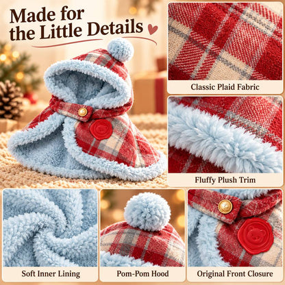 red plaid pet cape details including plush trim and pom-pom hood