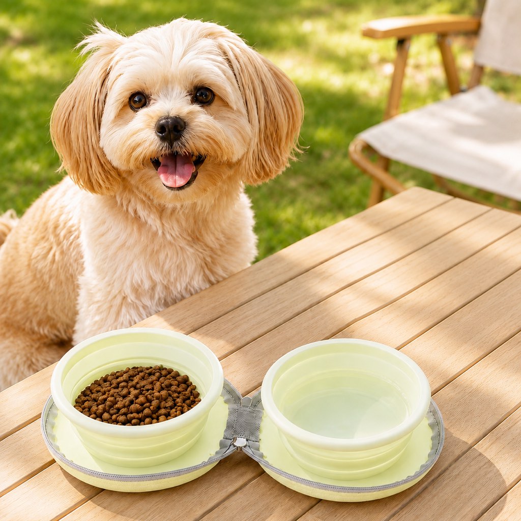 pink collapsible pet travel bowl