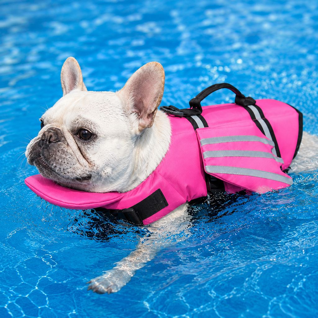 Pink Frenchie angel-wing dog life jacket