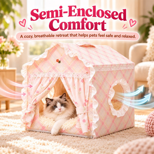 Pink plaid cat tent with front curtains and round side opening