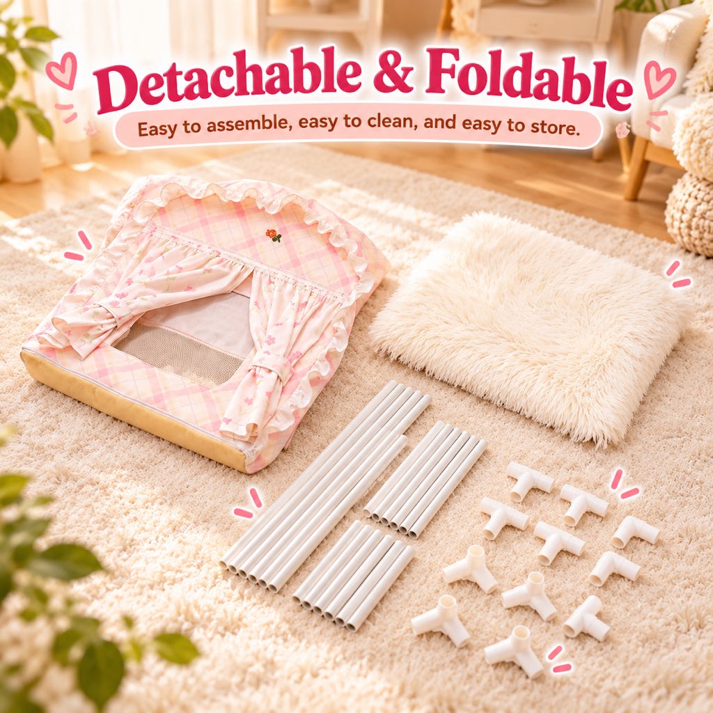 Cat house fabric cover, cushion, PVC poles, and connectors for assembly