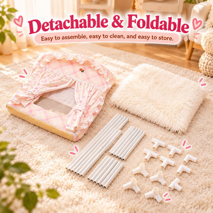 Cat house fabric cover, cushion, PVC poles, and connectors for assembly
