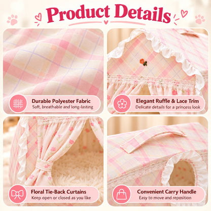 Pink plaid cat house fabric, lace, curtain, and handle details