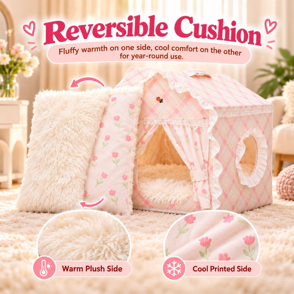 Pink plaid cat tent bed with reversible plush and printed cushion