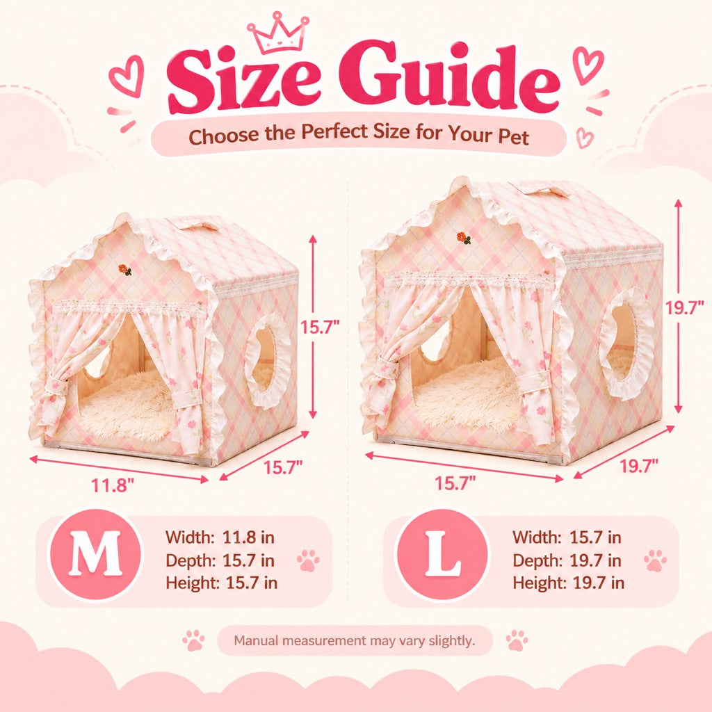Pink plaid indoor cat house external dimensions for M and L sizes