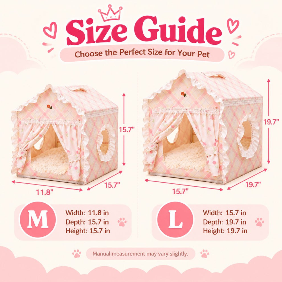 Pink plaid indoor cat house external dimensions for M and L sizes