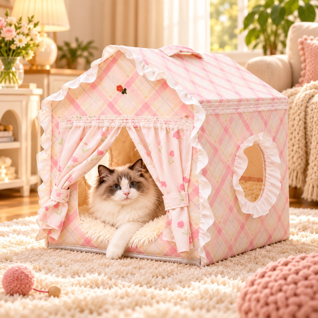 Pink plaid indoor cat house bed with cat resting on reversible plush cushion
