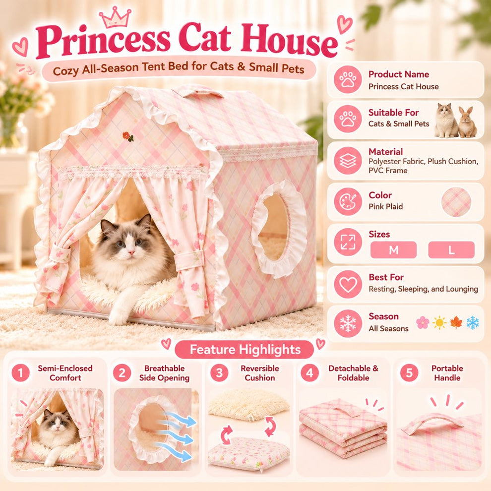 Pink plaid cat house materials, sizes, and features