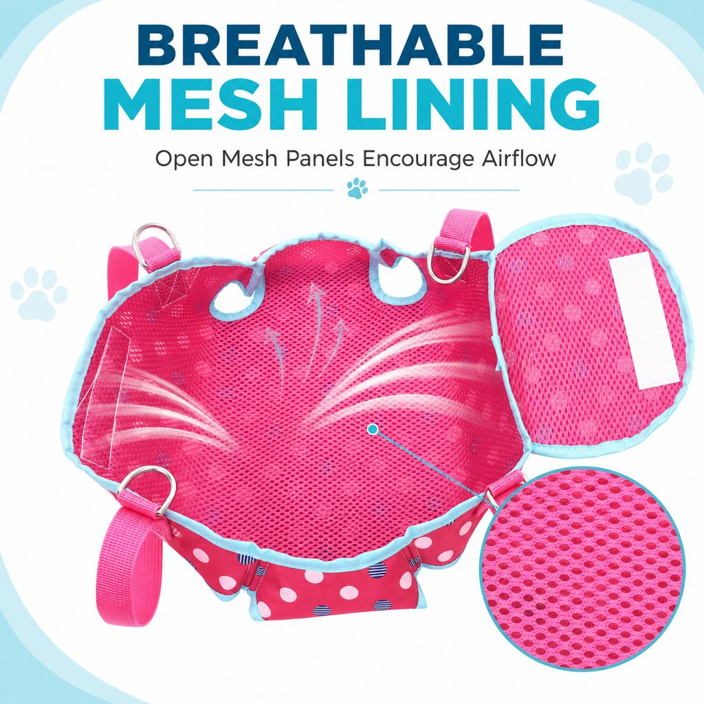 Pink polka dot pet carrier breathable mesh lining
