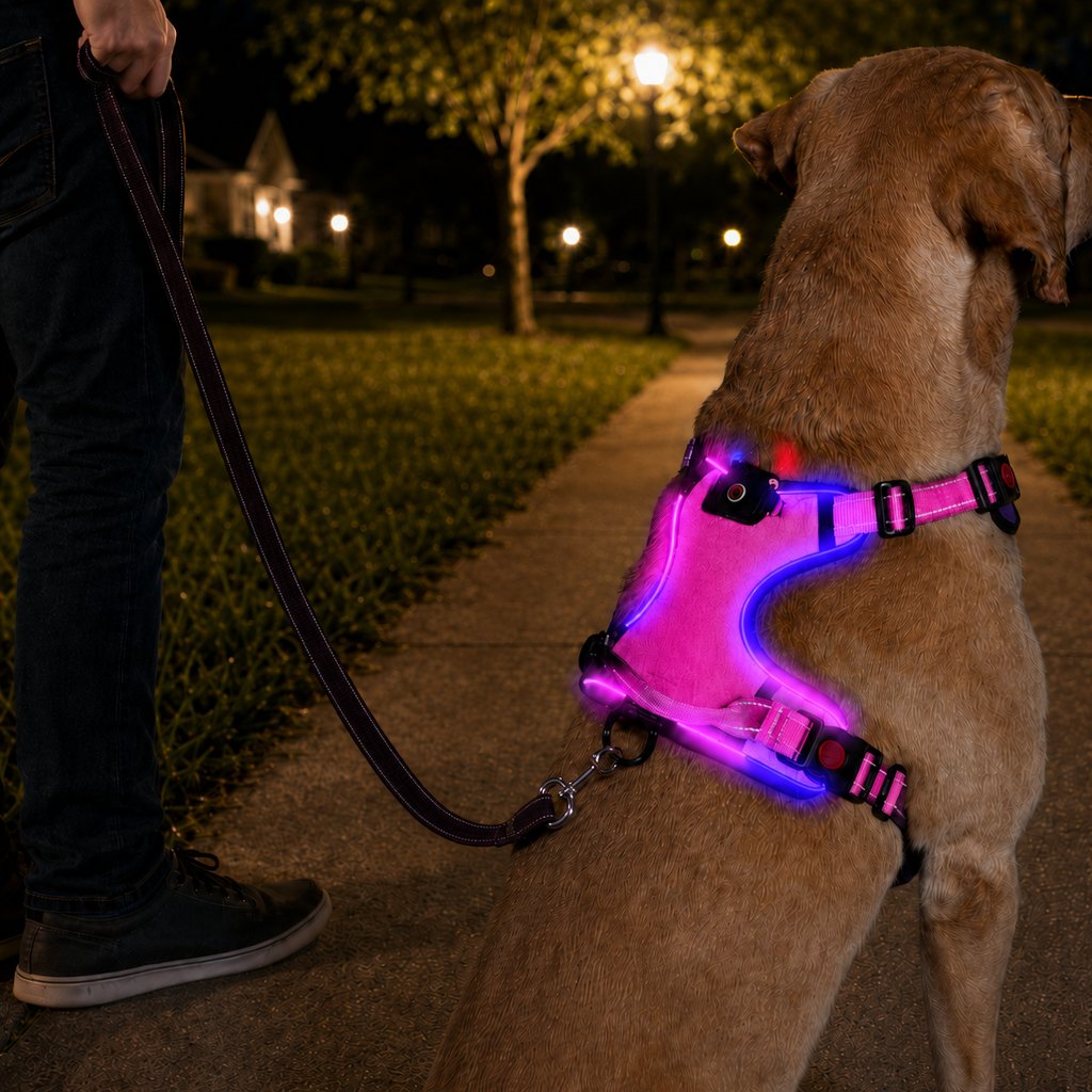 Pink-purple reflective LED dog harness for low-light walking