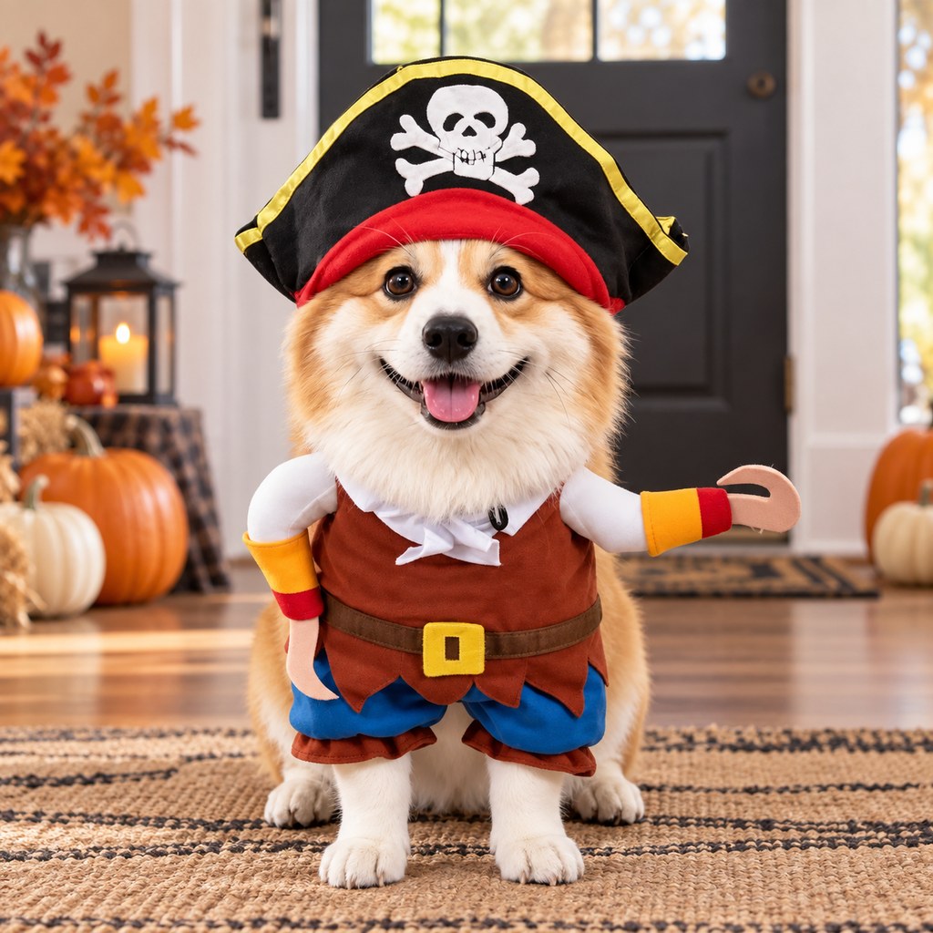 Funny pirate dog costume with skull hat and hook arms