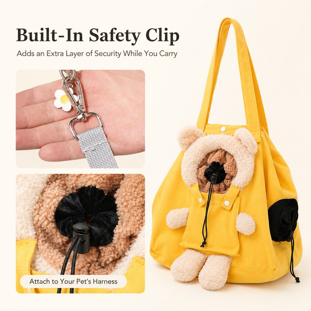 Built-in safety clip in plush bear cat carrier tote