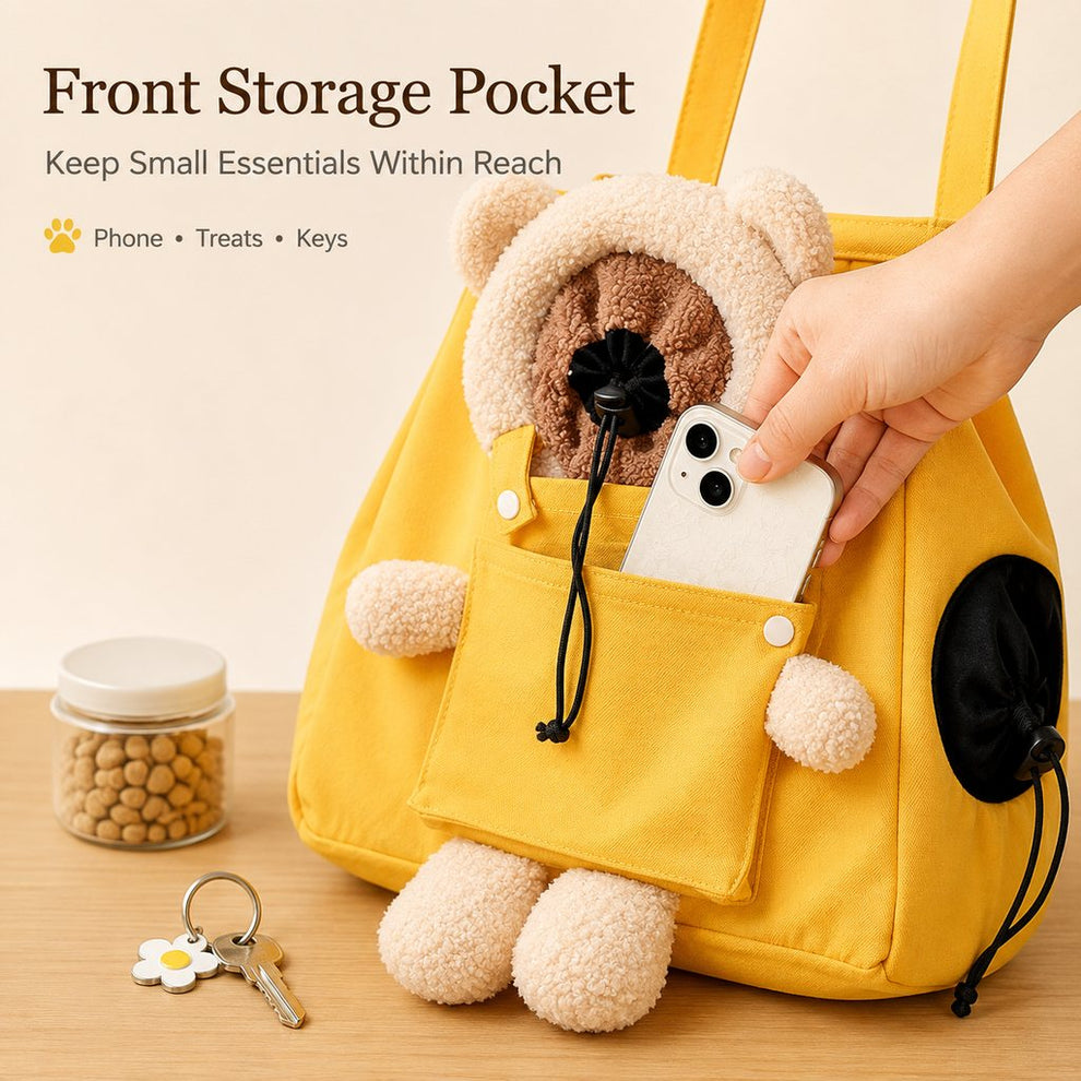 Front storage pocket on plush bear cat carrier tote