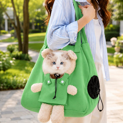 Green plush bear cat carrier tote SKU image