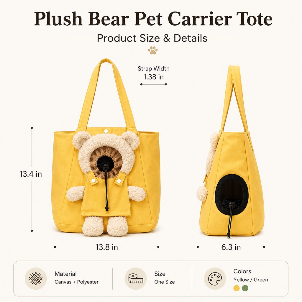 Plush bear cat carrier tote size and product details