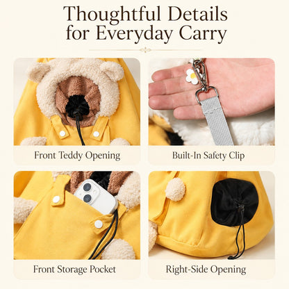 Thoughtful details for plush bear cat carrier tote