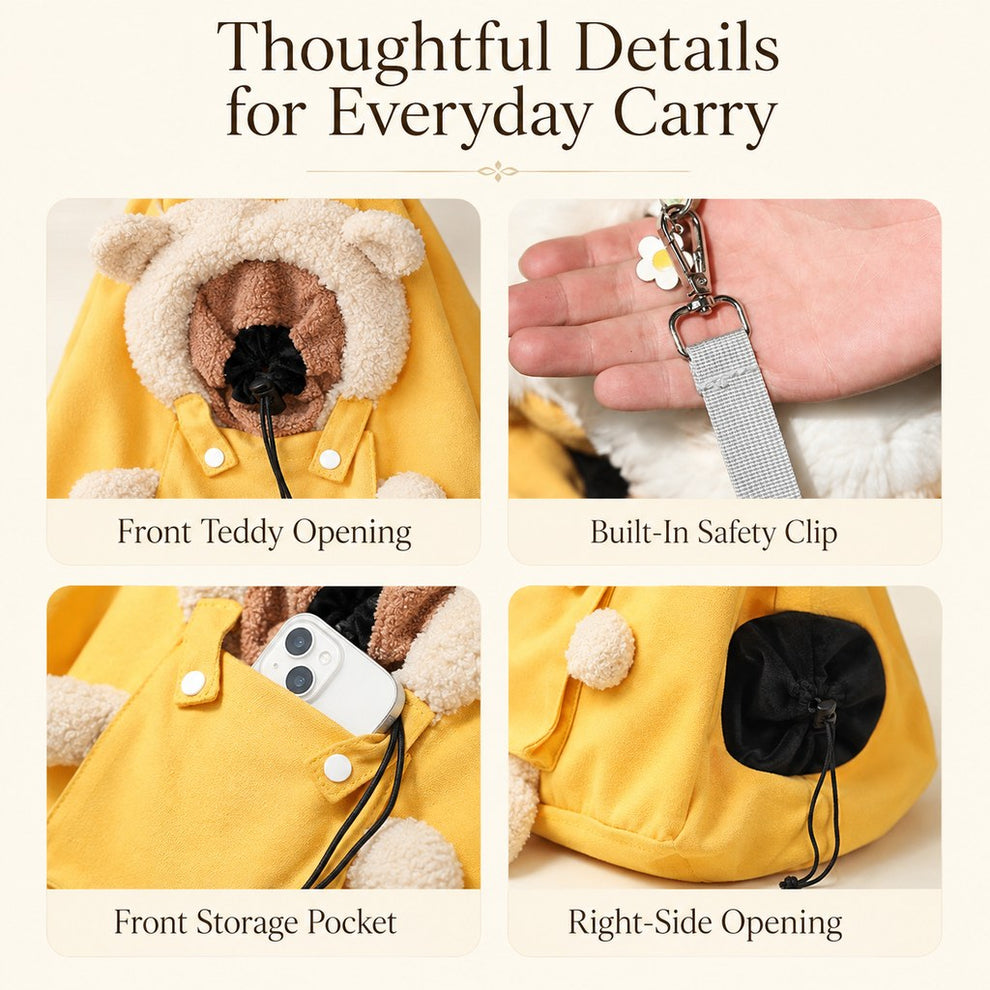 Thoughtful details for plush bear cat carrier tote
