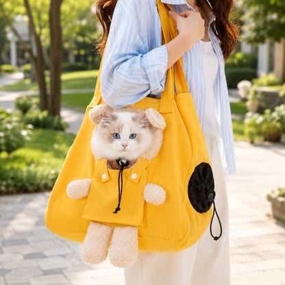 Yellow plush bear cat carrier tote with cat