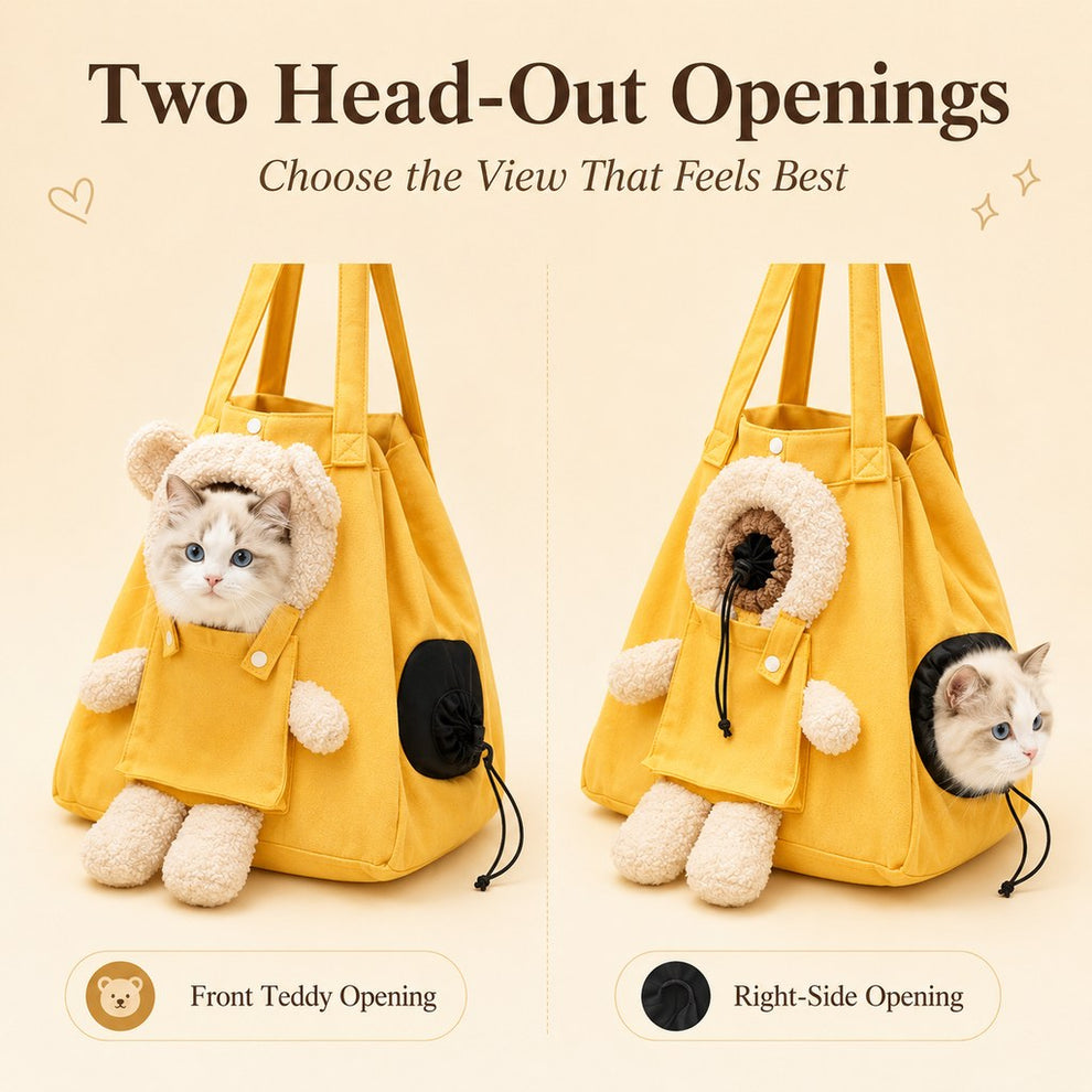 Plush bear cat carrier tote two head-out openings