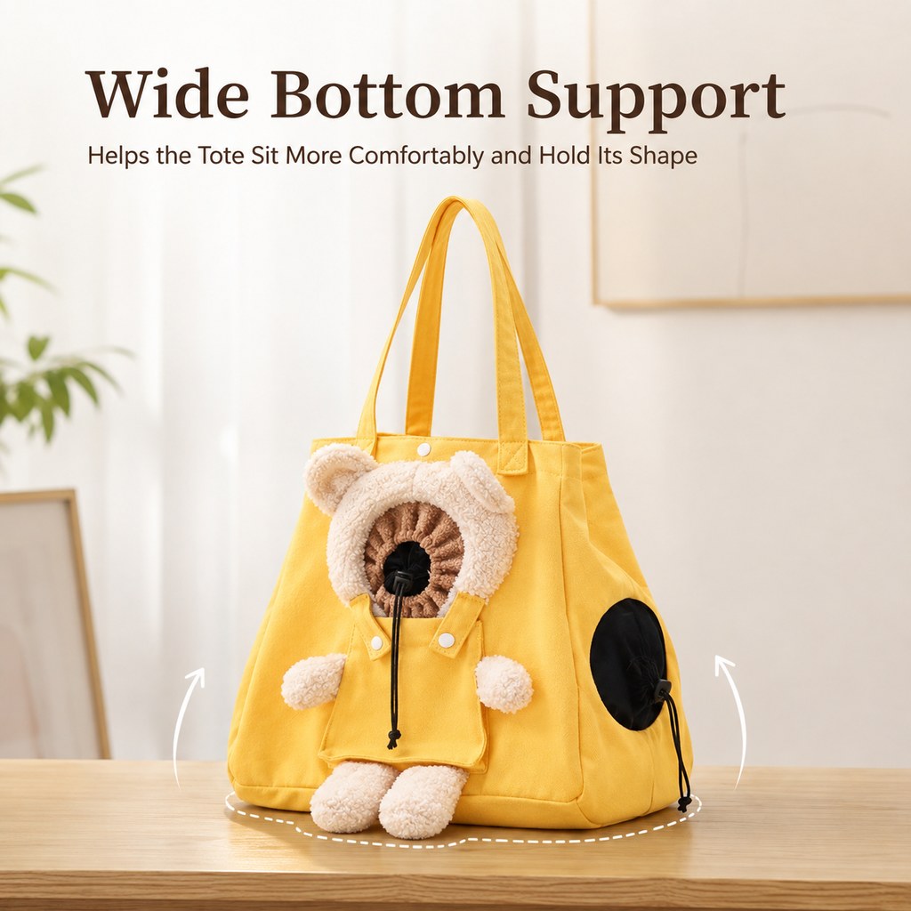 Wide bottom support plush bear cat carrier tote