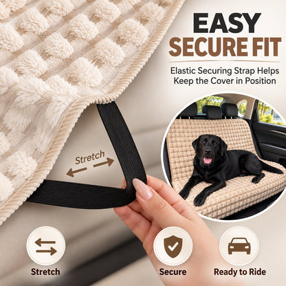 Elastic securing strap on plush dog back seat cover