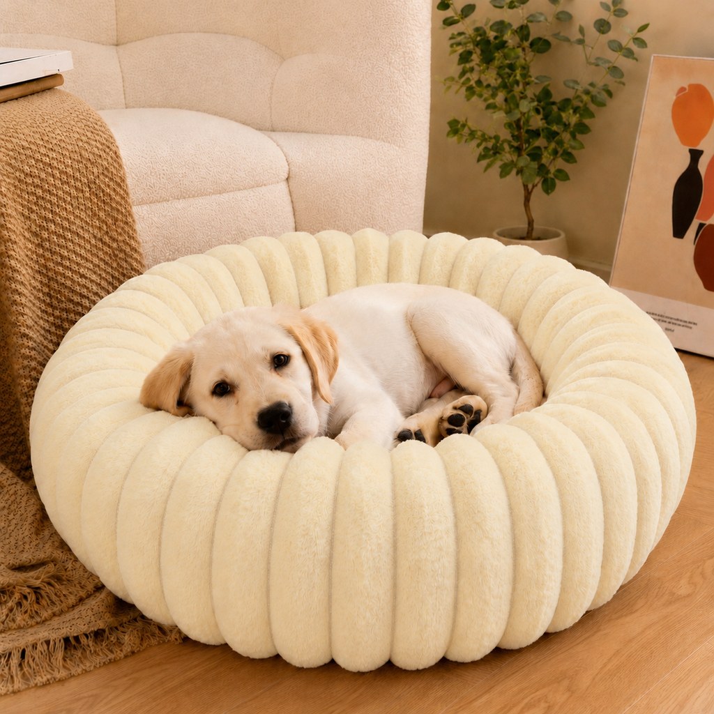 Paws in Awe Plush Donut Dog & Cat Bed with Raised Rim - Cozy Ribbed Lounger for Naps & Everyday Rest image 1