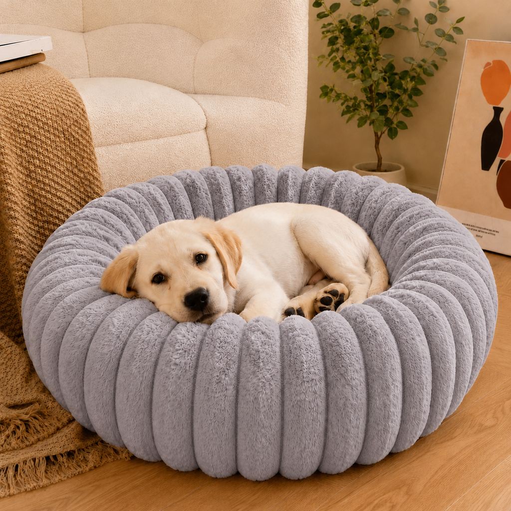 Paws in Awe Plush Donut Dog & Cat Bed with Raised Rim - Cozy Ribbed Lounger for Naps & Everyday Rest image 4