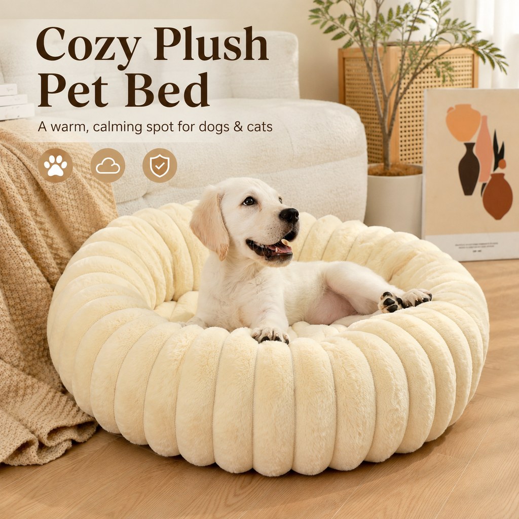 Paws in Awe Plush Donut Dog & Cat Bed with Raised Rim - Cozy Ribbed Lounger for Naps & Everyday Rest image 2