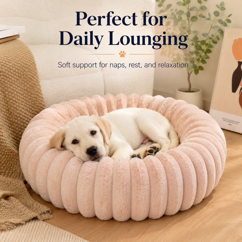 Paws in Awe Plush Donut Dog & Cat Bed with Raised Rim - Cozy Ribbed Lounger for Naps & Everyday Rest image 3