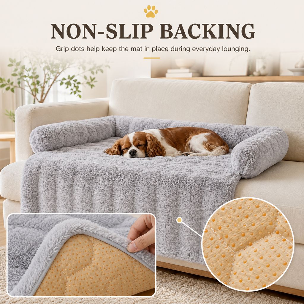 Beige plush pet sofa protector bed
