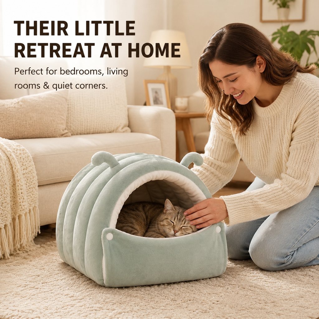 Paws in Awe Plush Semi-Enclosed Cat Cave Bed for Indoor Cats – Cozy Hideaway with Adjustable Snap Front, Caterpillar & Classic Styles image 6