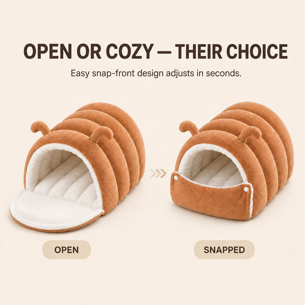 Paws in Awe Plush Semi-Enclosed Cat Cave Bed for Indoor Cats – Cozy Hideaway with Adjustable Snap Front, Caterpillar & Classic Styles image 4