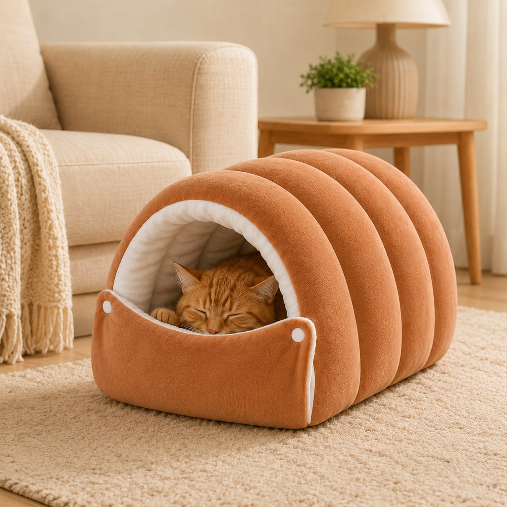 Paws in Awe Plush Semi-Enclosed Cat Cave Bed for Indoor Cats – Cozy Hideaway with Adjustable Snap Front, Caterpillar & Classic Styles image 13