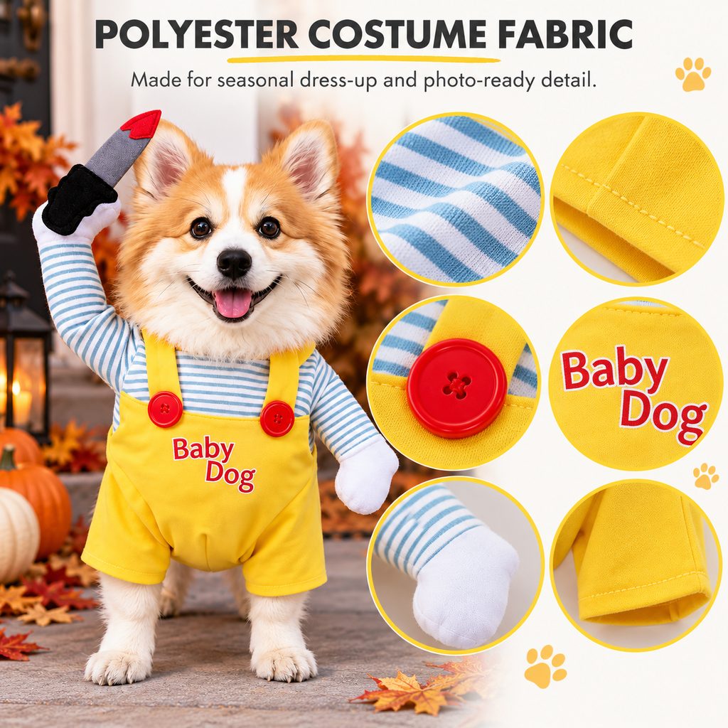 Polyester fabric details on yellow dog Halloween costume