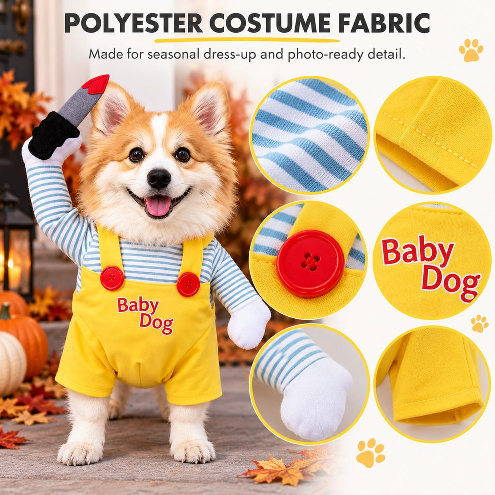 Polyester fabric details on yellow dog Halloween costume