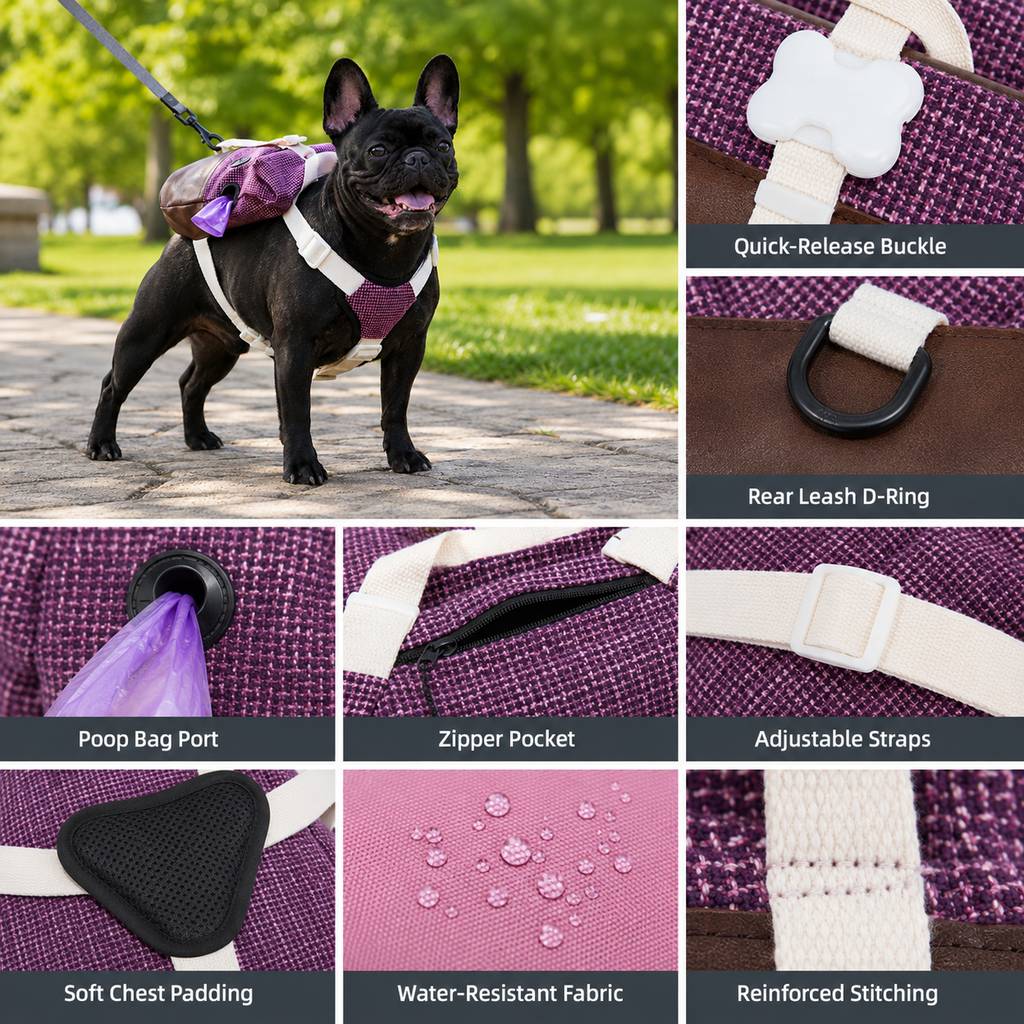 Poop bag port dog backpack harness details