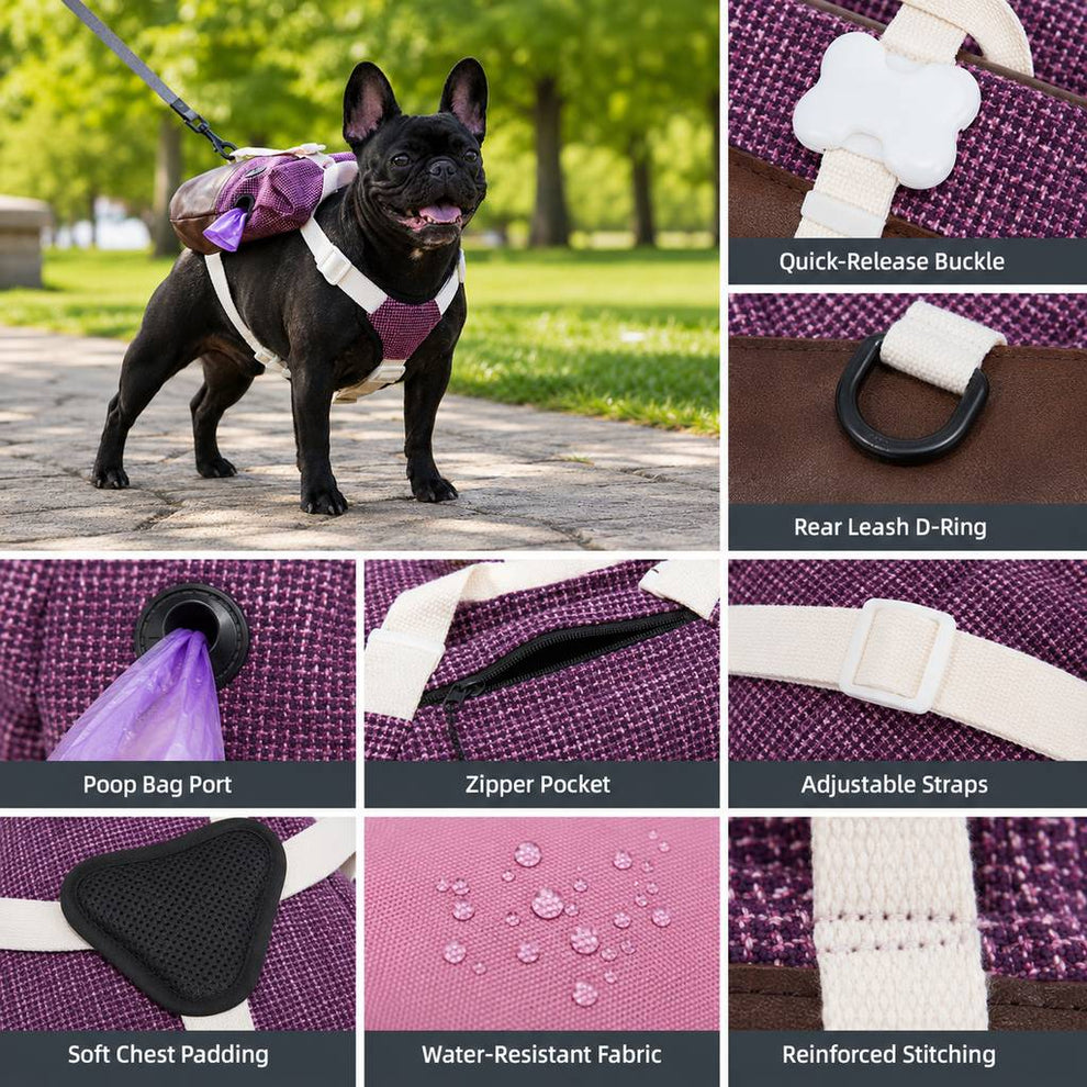 Poop bag port dog backpack harness details
