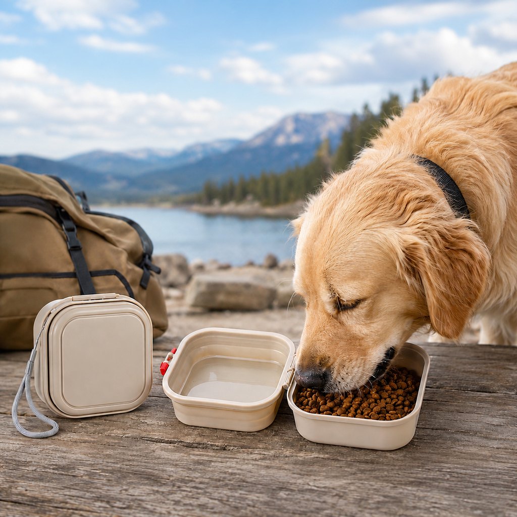 Paws in Awe Portable 2-in-1 Folding Pet Bowl for Walks & Travel - Keeps Food and Water Separate image 1