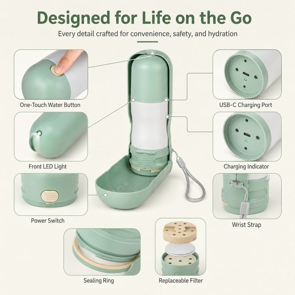 Portable dog water bottle features with USB-C port wrist strap and sealing ring