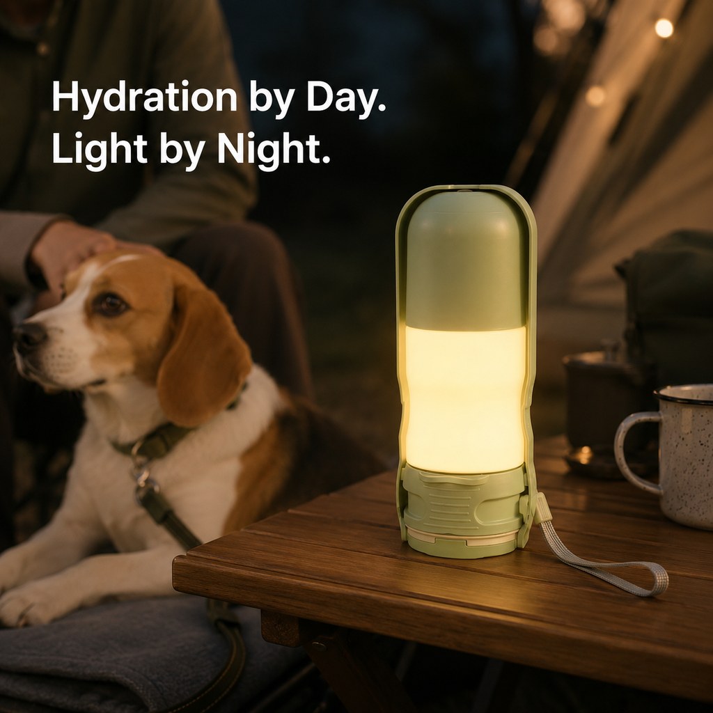 Portable dog water bottle with soft lantern light for outdoor use