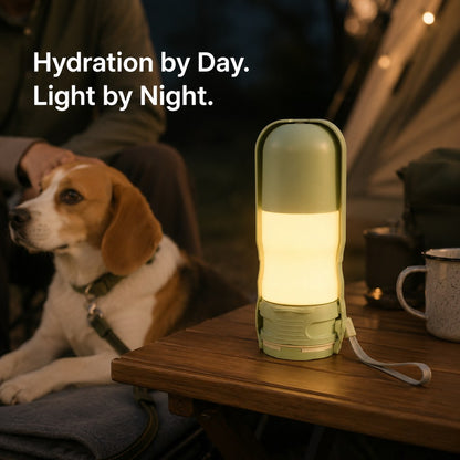 Portable dog water bottle with soft lantern light for outdoor use