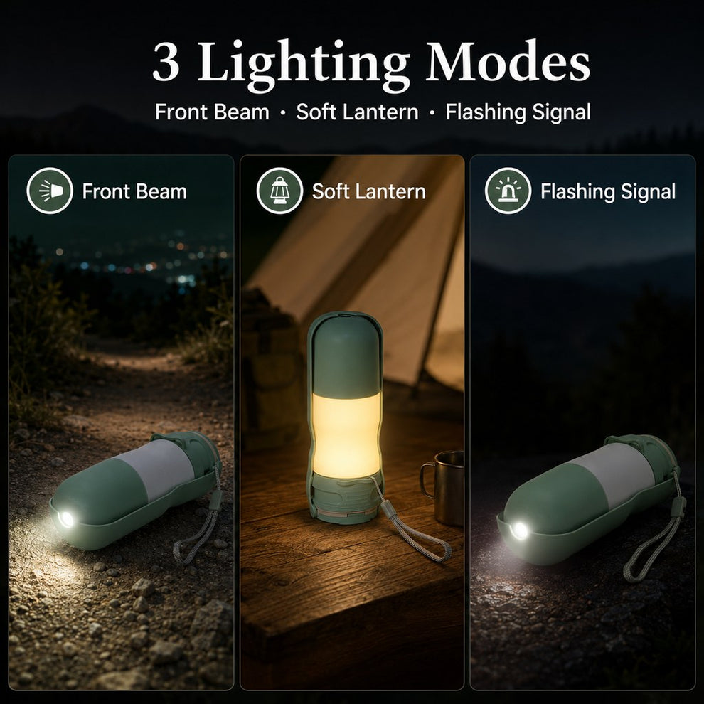 Three lighting modes on portable dog water bottle with LED light